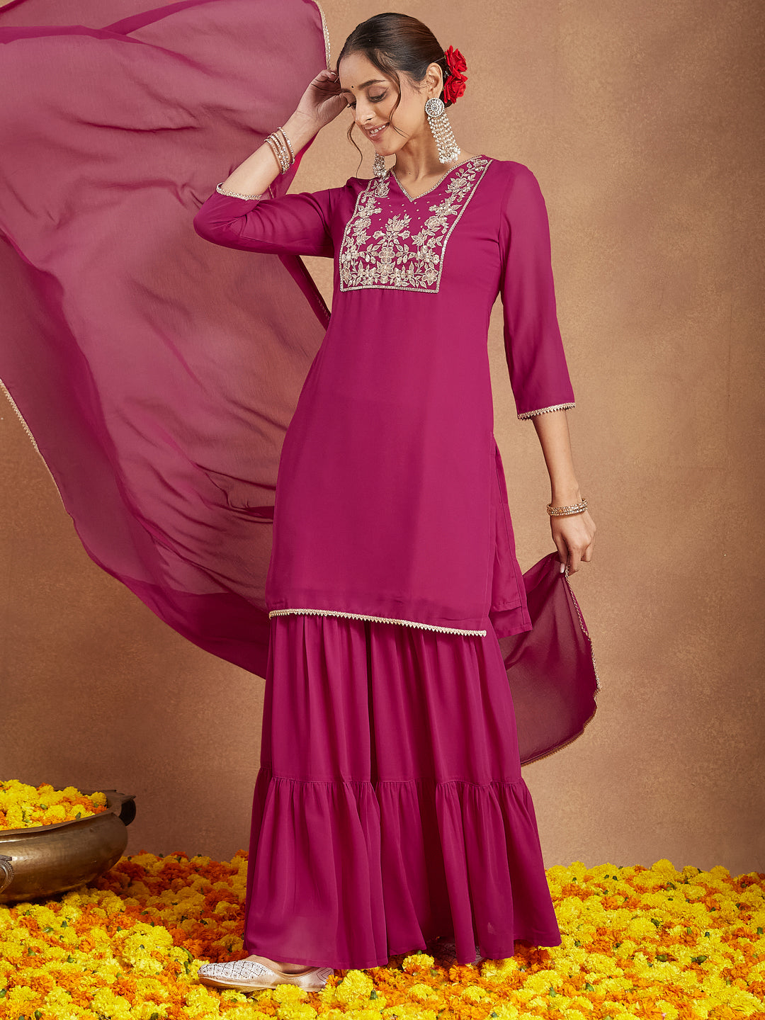 Janasya Women's Pink Georgette Embroidered Straight Kurta With Sharara & Dupatta Set