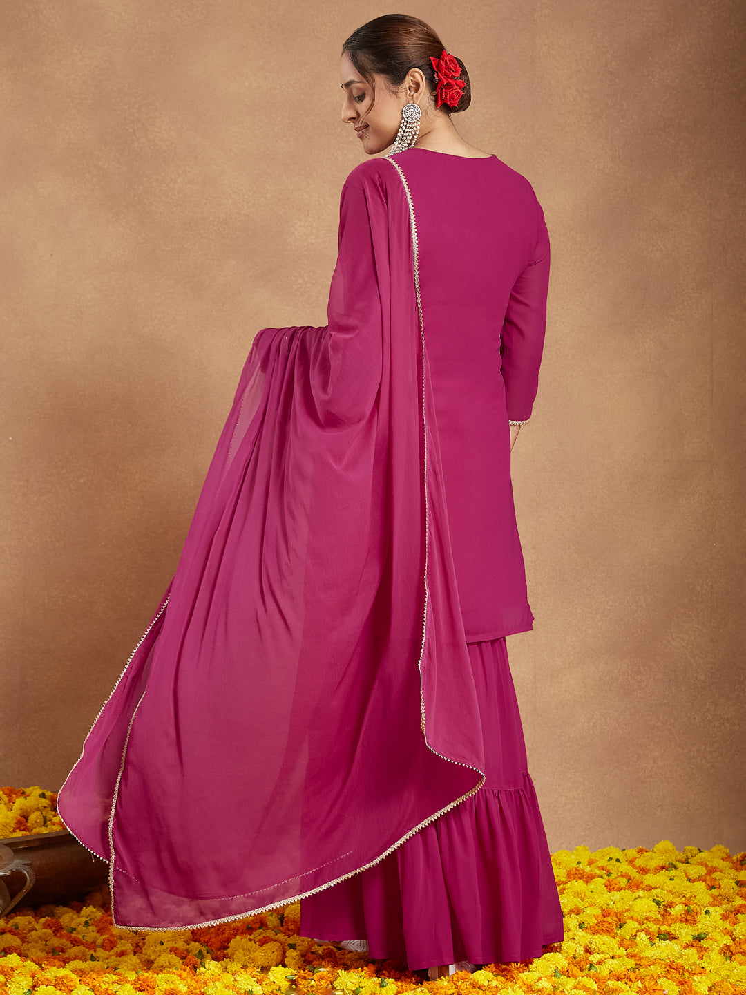 Janasya Women's Pink Georgette Embroidered Straight Kurta With Sharara & Dupatta Set
