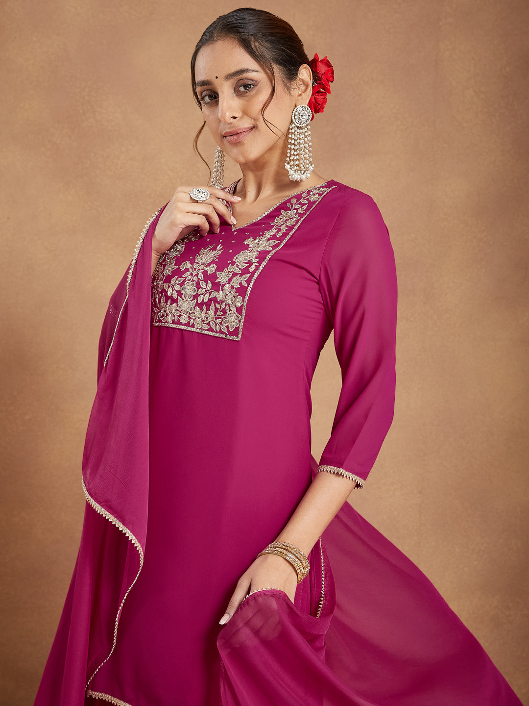 Janasya Women's Pink Georgette Embroidered Straight Kurta With Sharara & Dupatta Set