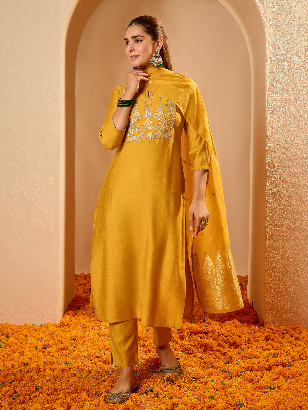 Janasya Women's Mustard Yellow Silk Blend Floral Zari Yoke Embroidered Straight Kurta Set