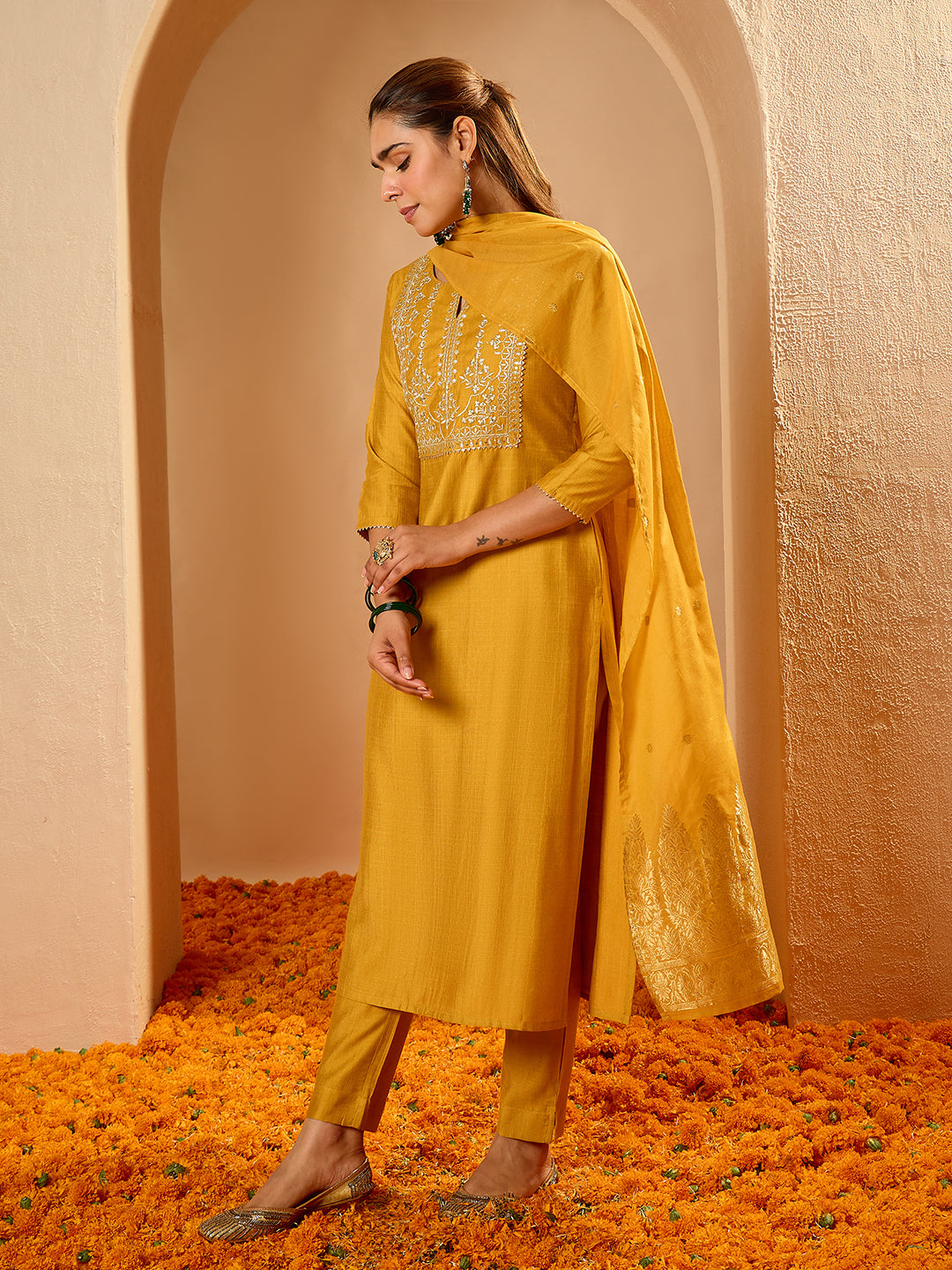 Janasya Women's Mustard Yellow Silk Blend Floral Zari Yoke Embroidered Straight Kurta Set