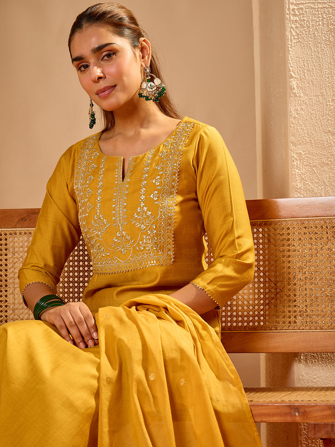 Janasya Women's Mustard Yellow Silk Blend Floral Zari Yoke Embroidered Straight Kurta Set