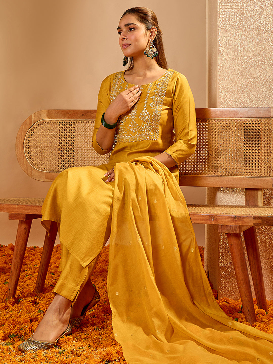 Janasya Women's Mustard Yellow Silk Blend Floral Zari Yoke Embroidered Straight Kurta Set