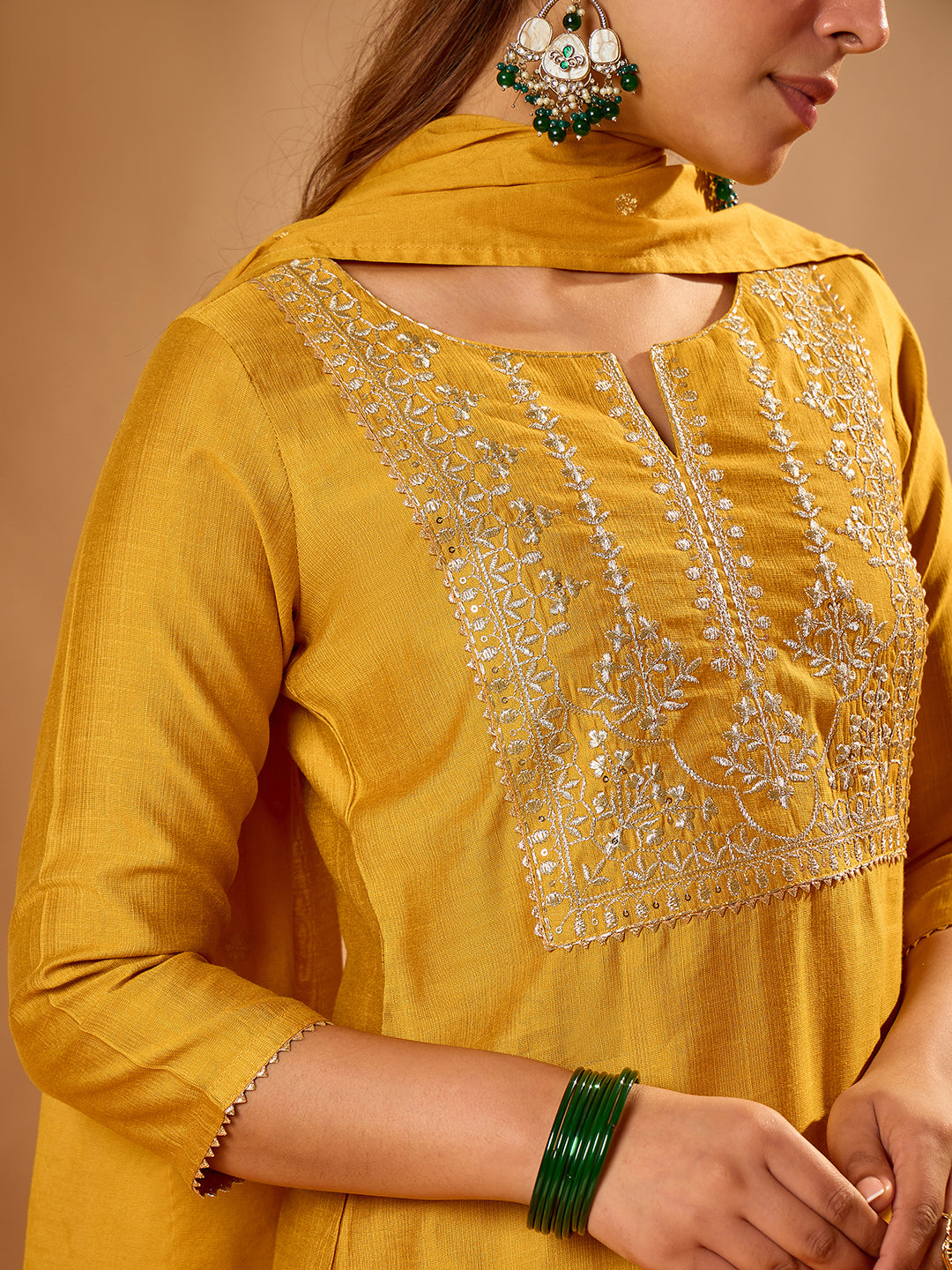 Janasya Women's Mustard Yellow Silk Blend Floral Zari Yoke Embroidered Straight Kurta Set