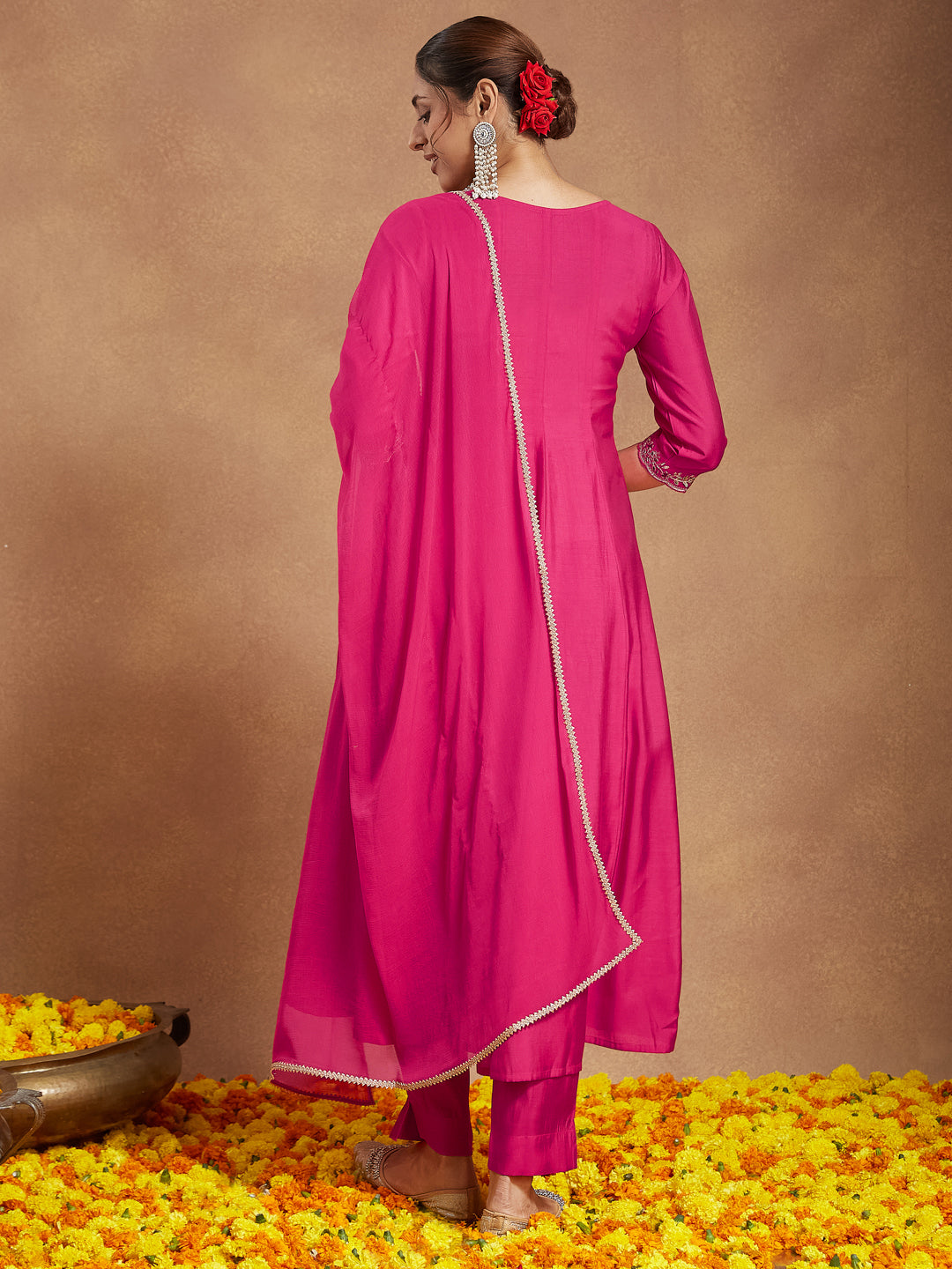 Janasya Women's Pink Chanderi Silk Yoke Embroidered Anarkali Kurta Set