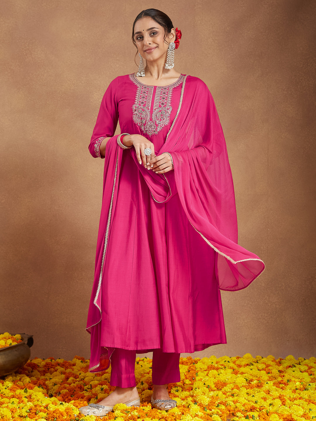 Janasya Women's Pink Chanderi Silk Yoke Embroidered Anarkali Kurta Set