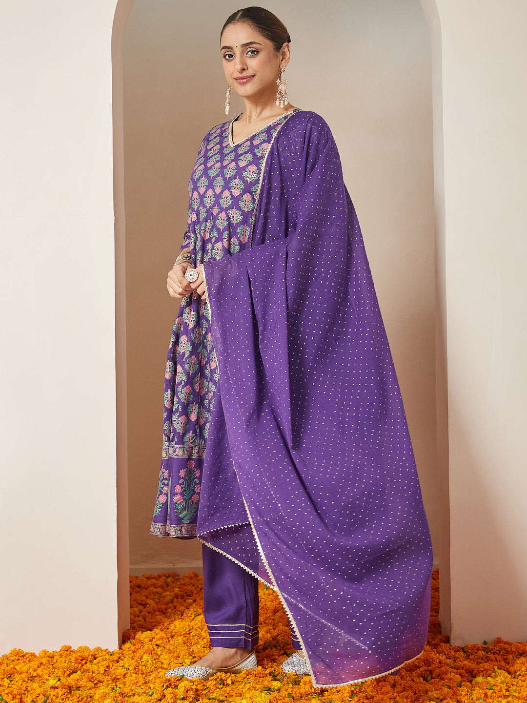 Janasya Women's Purple Rayon Ethnic Motifs Gold Printed Anarkali Kurta Set