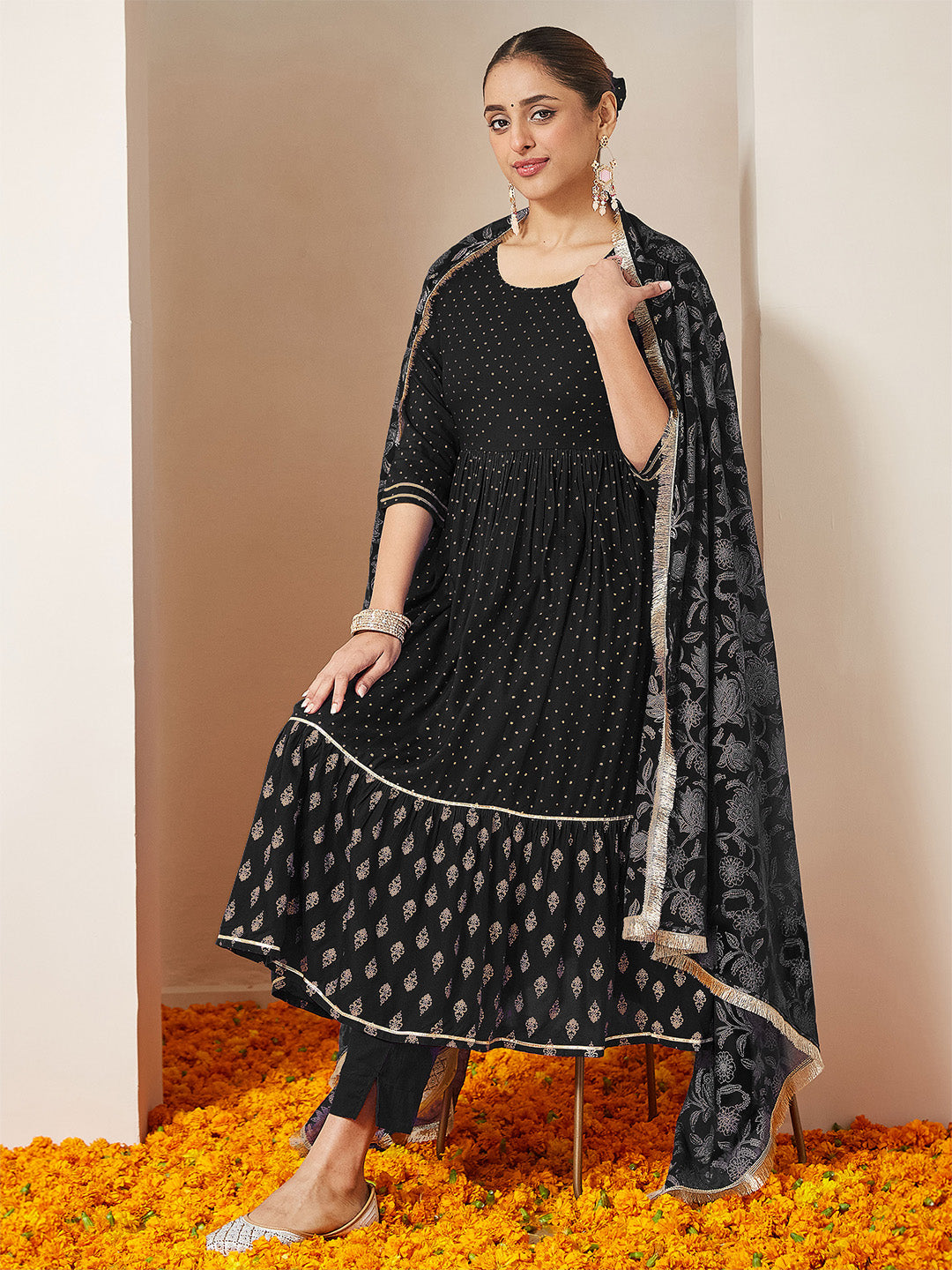 Janasya Women's Black Rayon Gold Printed Anarkali Kurta Set