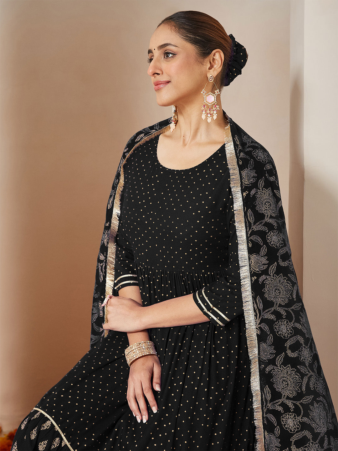 Janasya Women's Black Rayon Gold Printed Anarkali Kurta Set
