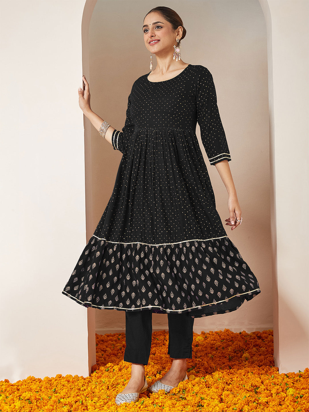 Janasya Women's Black Rayon Gold Printed Anarkali Kurta Set