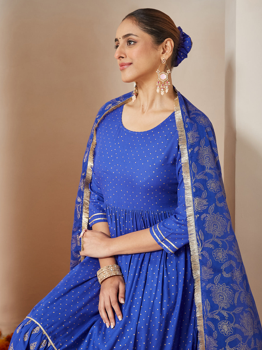 Janasya Women's Blue Pure Cotton Foil Printed A-line Kurta Set