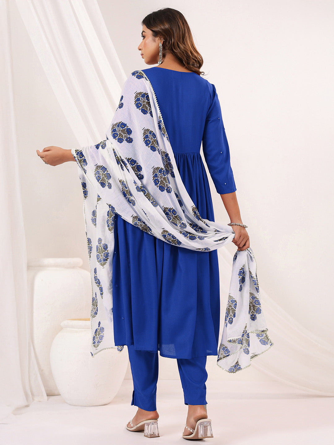 Janasya Women's Blue Rayon Embellished Mirror Work A-line Kurta Set