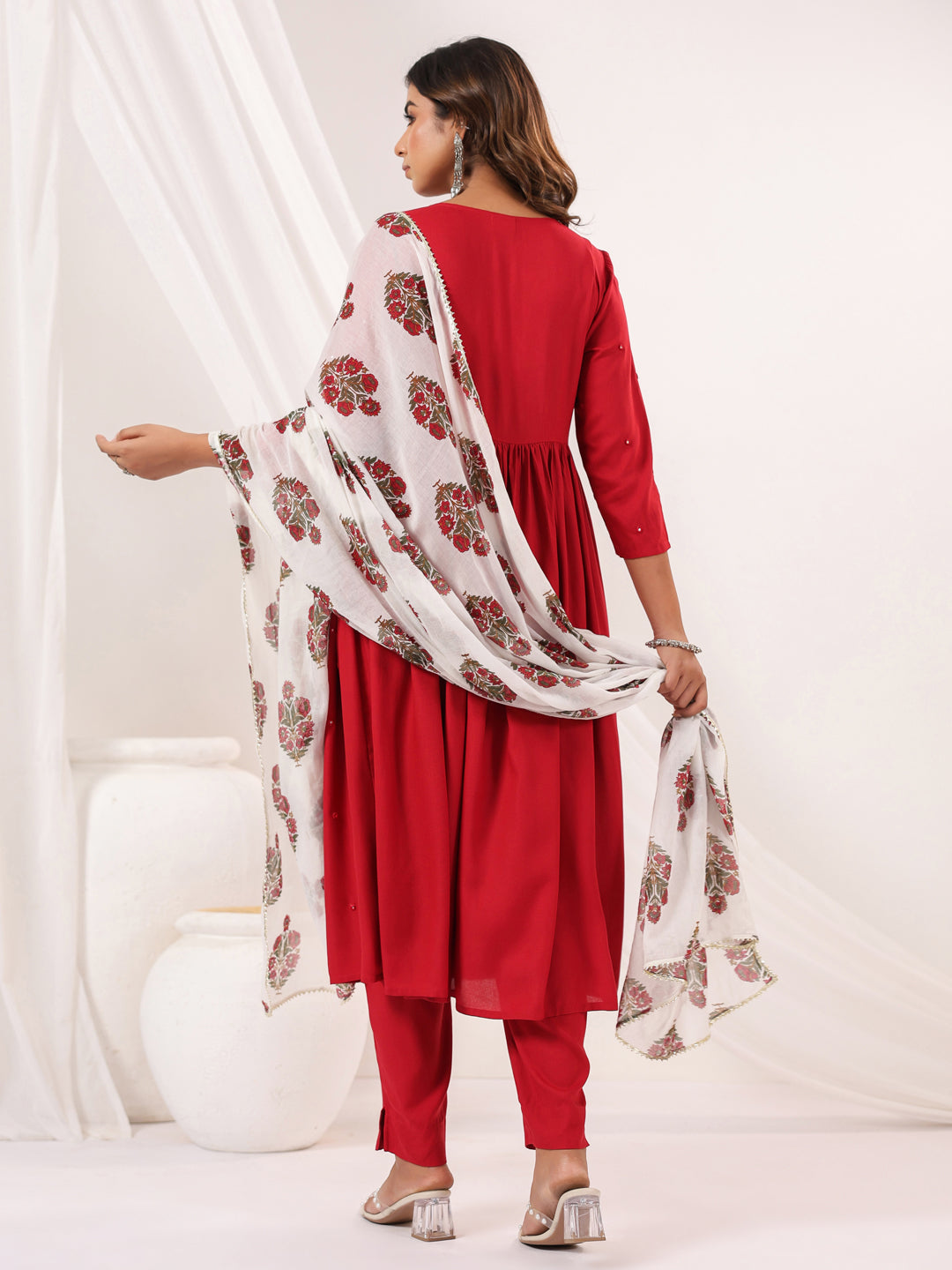 Janasya Women's Maroon Rayon Embellished Mirror Work A-line Kurta Set