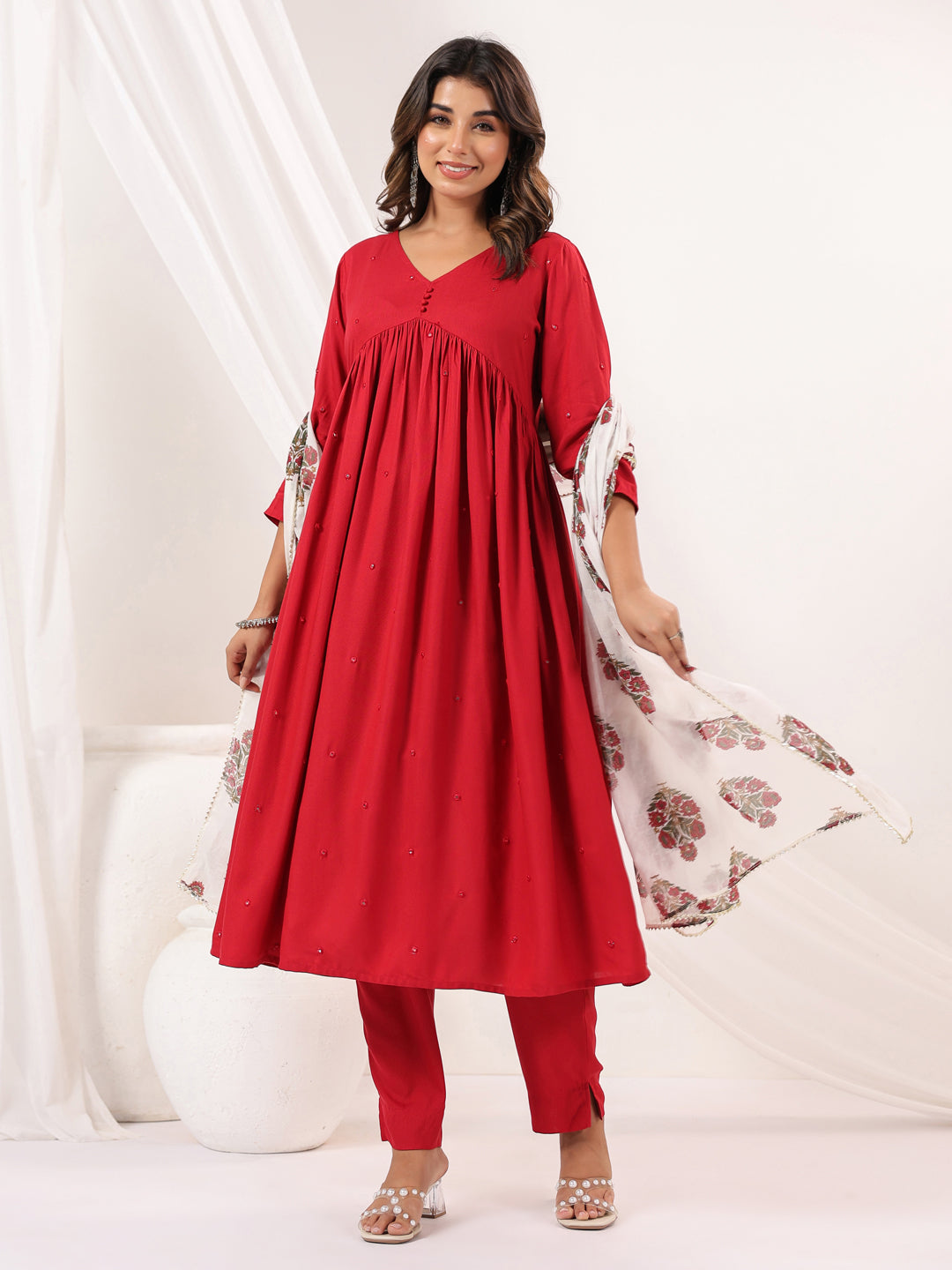 Janasya Women's Maroon Rayon Embellished Mirror Work A-line Kurta Set