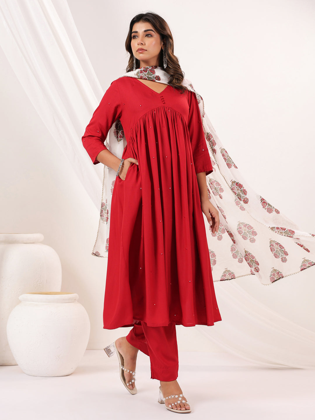 Janasya Women's Maroon Rayon Embellished Mirror Work A-line Kurta Set