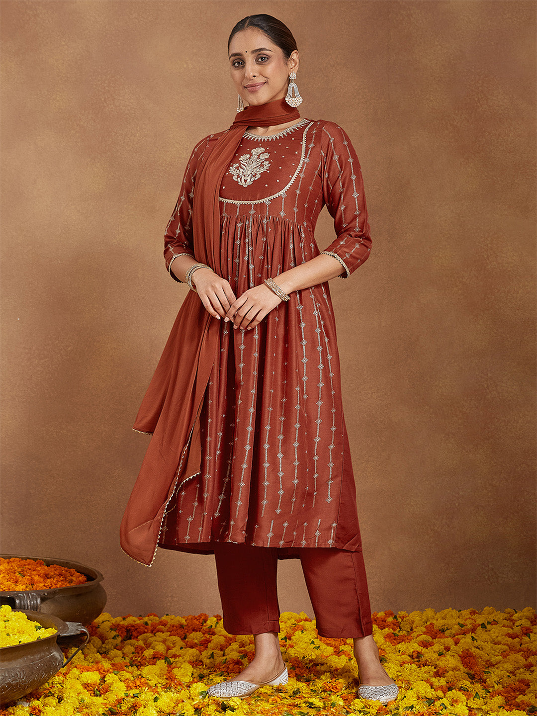 Janasya Women's Rust Silk Blend Yoke Embroidered Gold Printed A-line Kurta Set With Dupatta