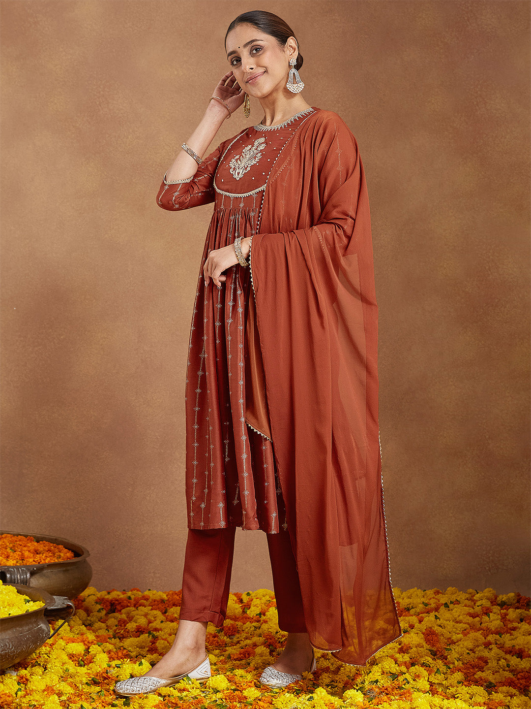 Janasya Women's Rust Silk Blend Yoke Embroidered Gold Printed A-line Kurta Set With Dupatta
