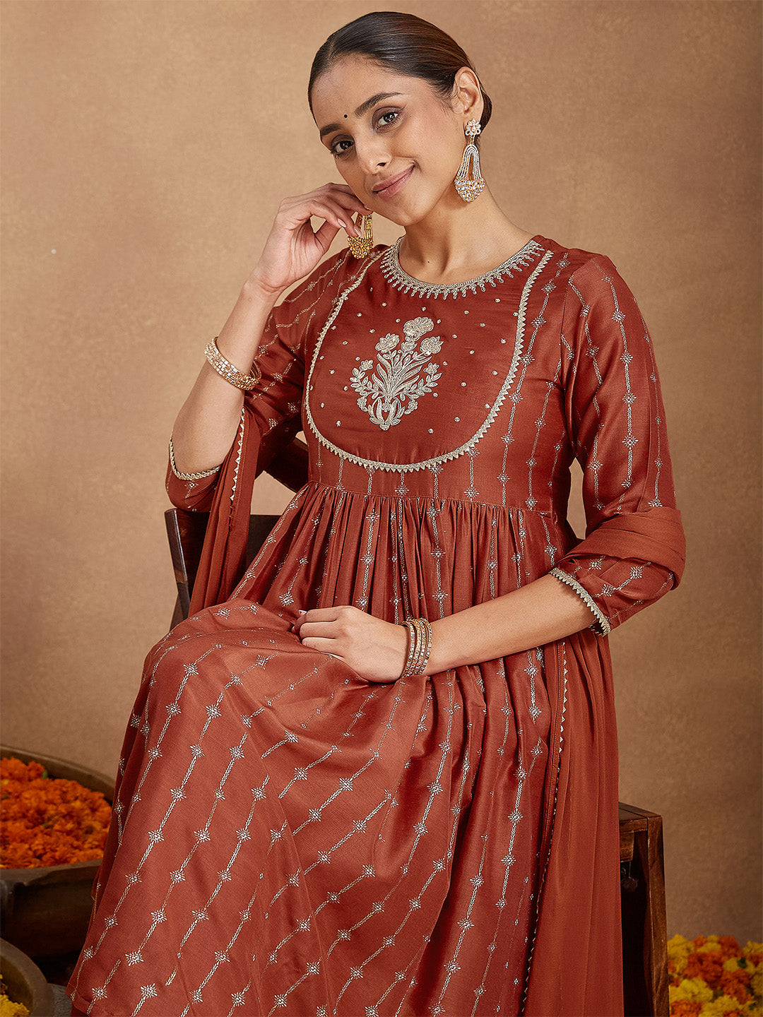 Janasya Women's Rust Silk Blend Yoke Embroidered Gold Printed A-line Kurta Set With Dupatta