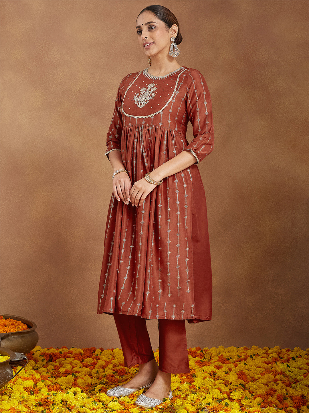 Janasya Women's Rust Silk Blend Yoke Embroidered Gold Printed A-line Kurta Set With Dupatta
