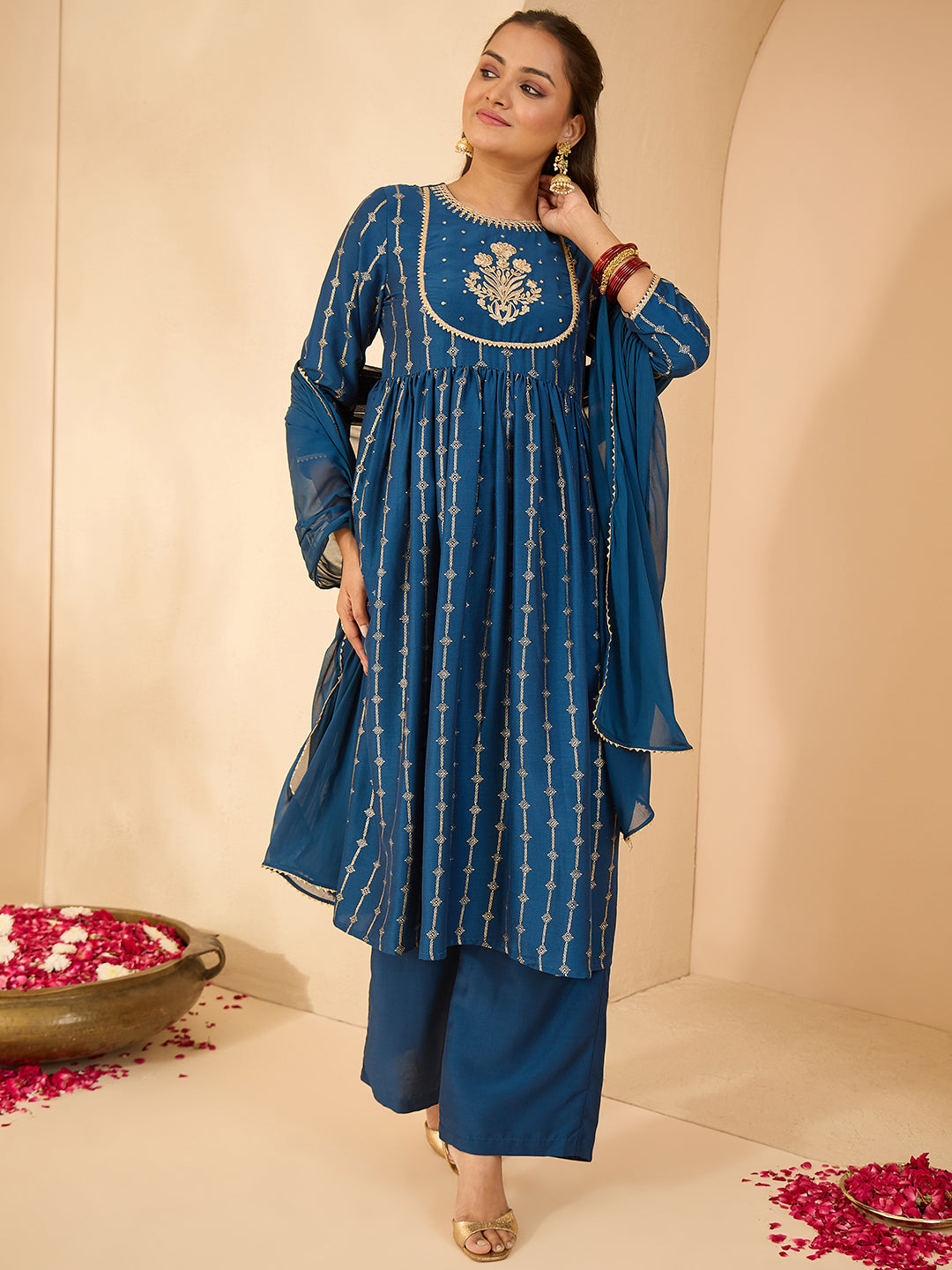 Janasya Women's Teal Blue Silk Blend Yoke Embroidered Gold Printed A-Line Kurta Set with Dupatta