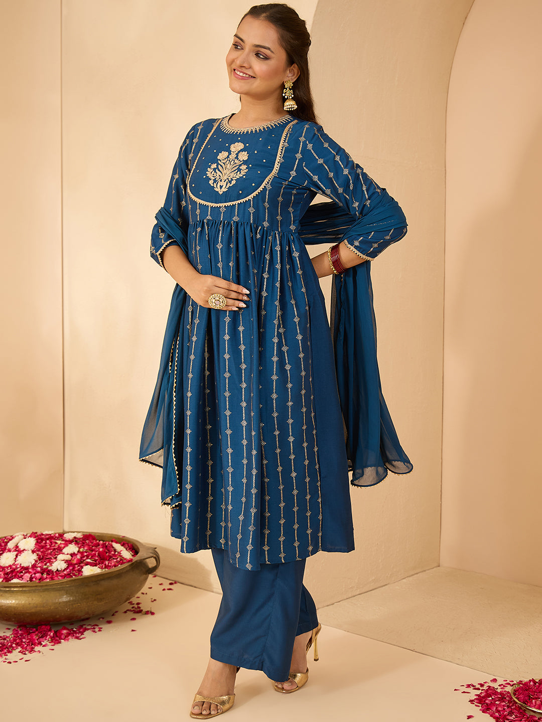 Janasya Women's Teal Blue Silk Blend Yoke Embroidered Gold Printed A-Line Kurta Set with Dupatta
