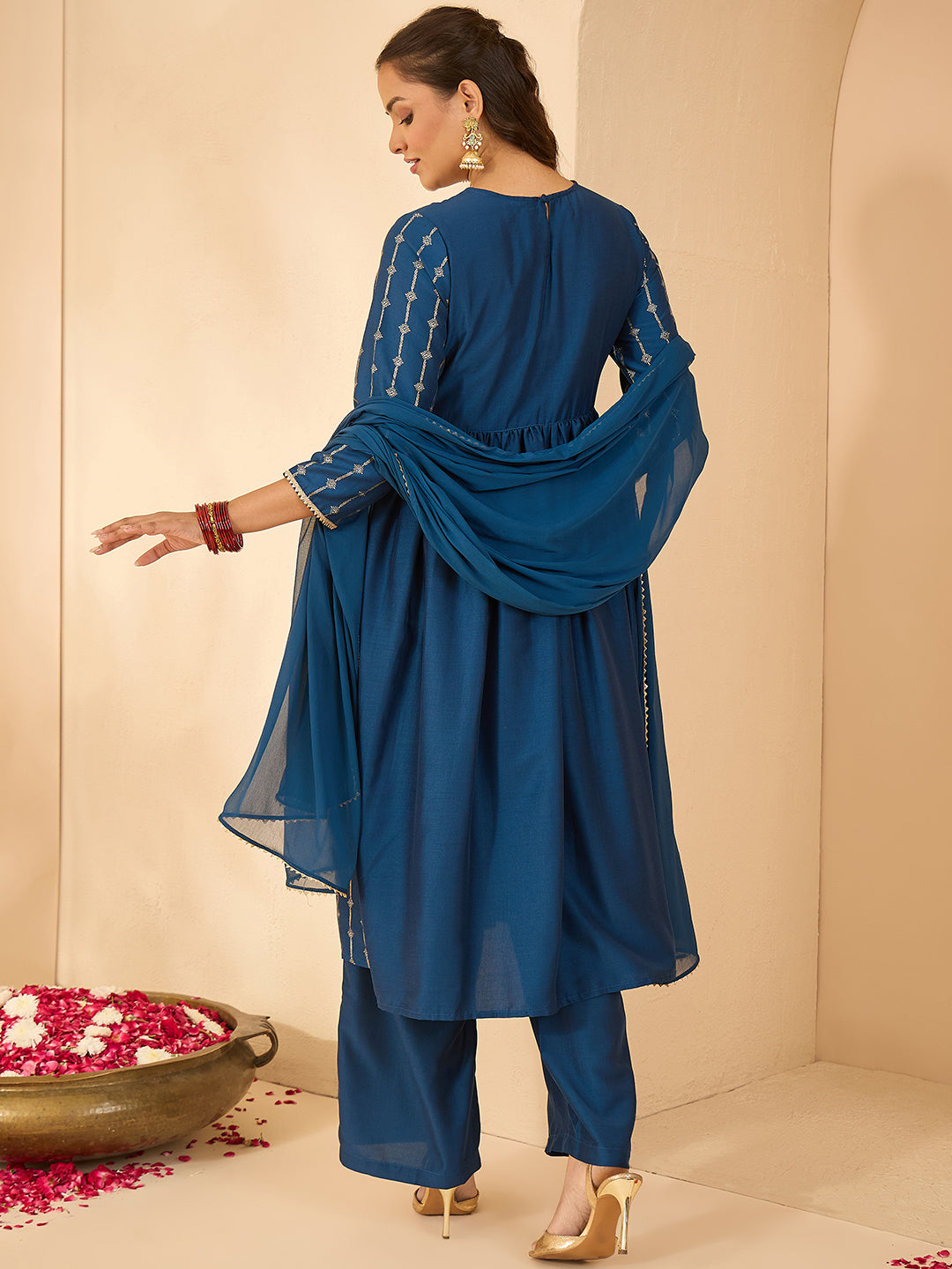 Janasya Women's Teal Blue Silk Blend Yoke Embroidered Gold Printed A-Line Kurta Set with Dupatta