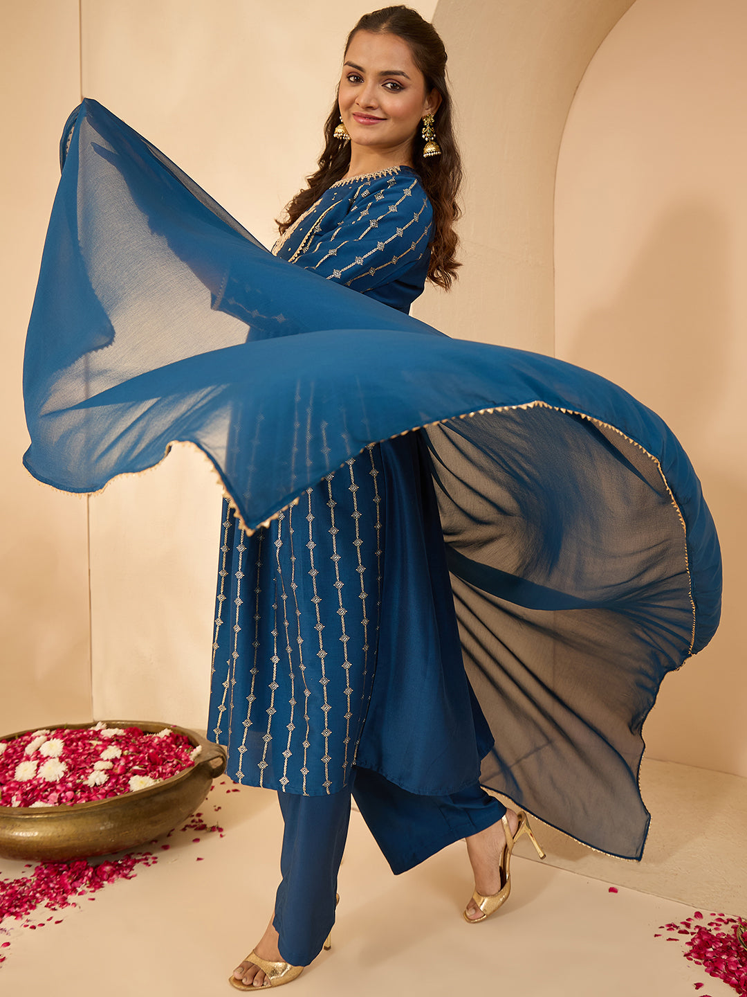Janasya Women's Teal Blue Silk Blend Yoke Embroidered Gold Printed A-Line Kurta Set with Dupatta