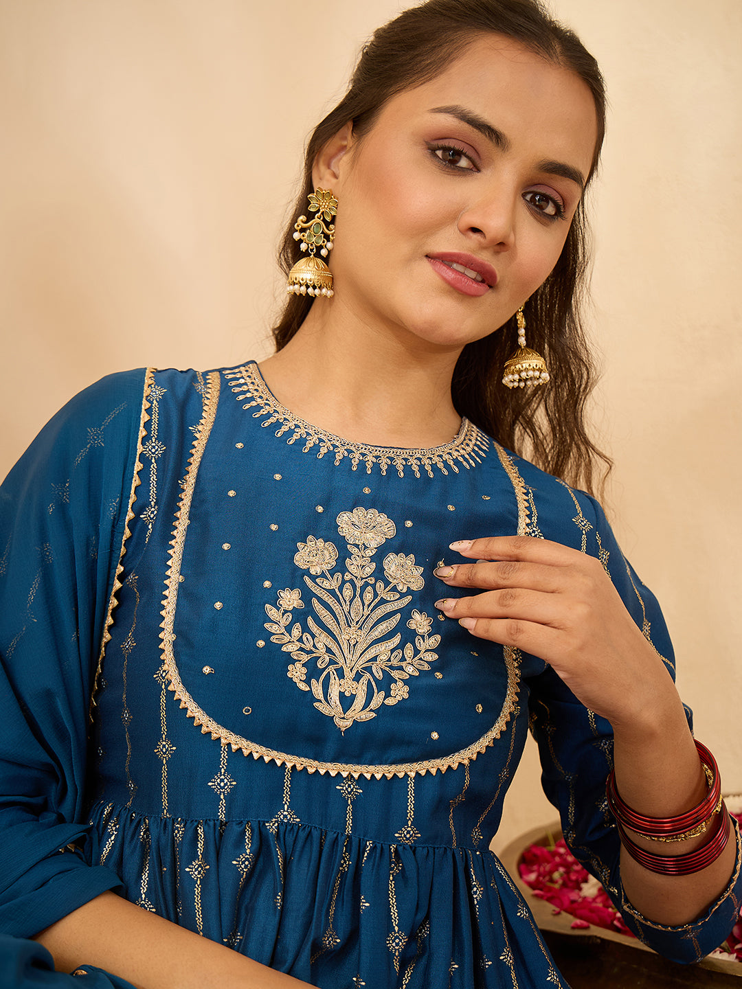 Janasya Women's Teal Blue Silk Blend Yoke Embroidered Gold Printed A-Line Kurta Set with Dupatta
