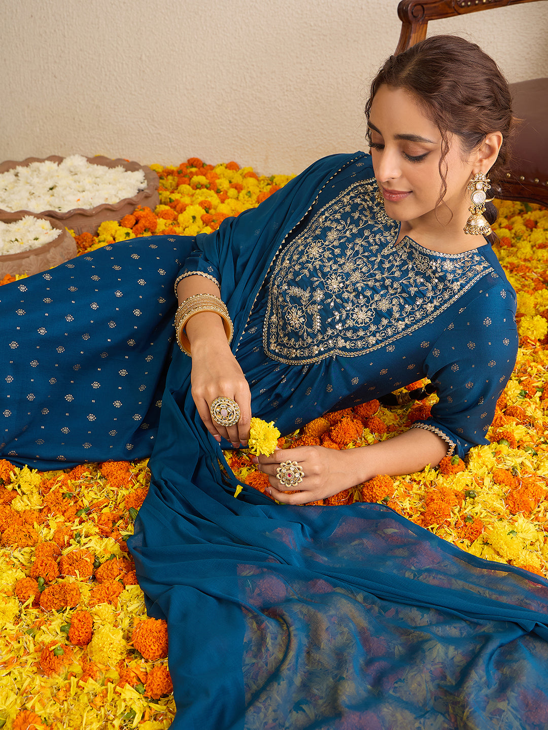 Janasya Women's Teal Blue Silk Blend Yoke Embroidered Gold Printed A-Line Kurta Set with Dupatta