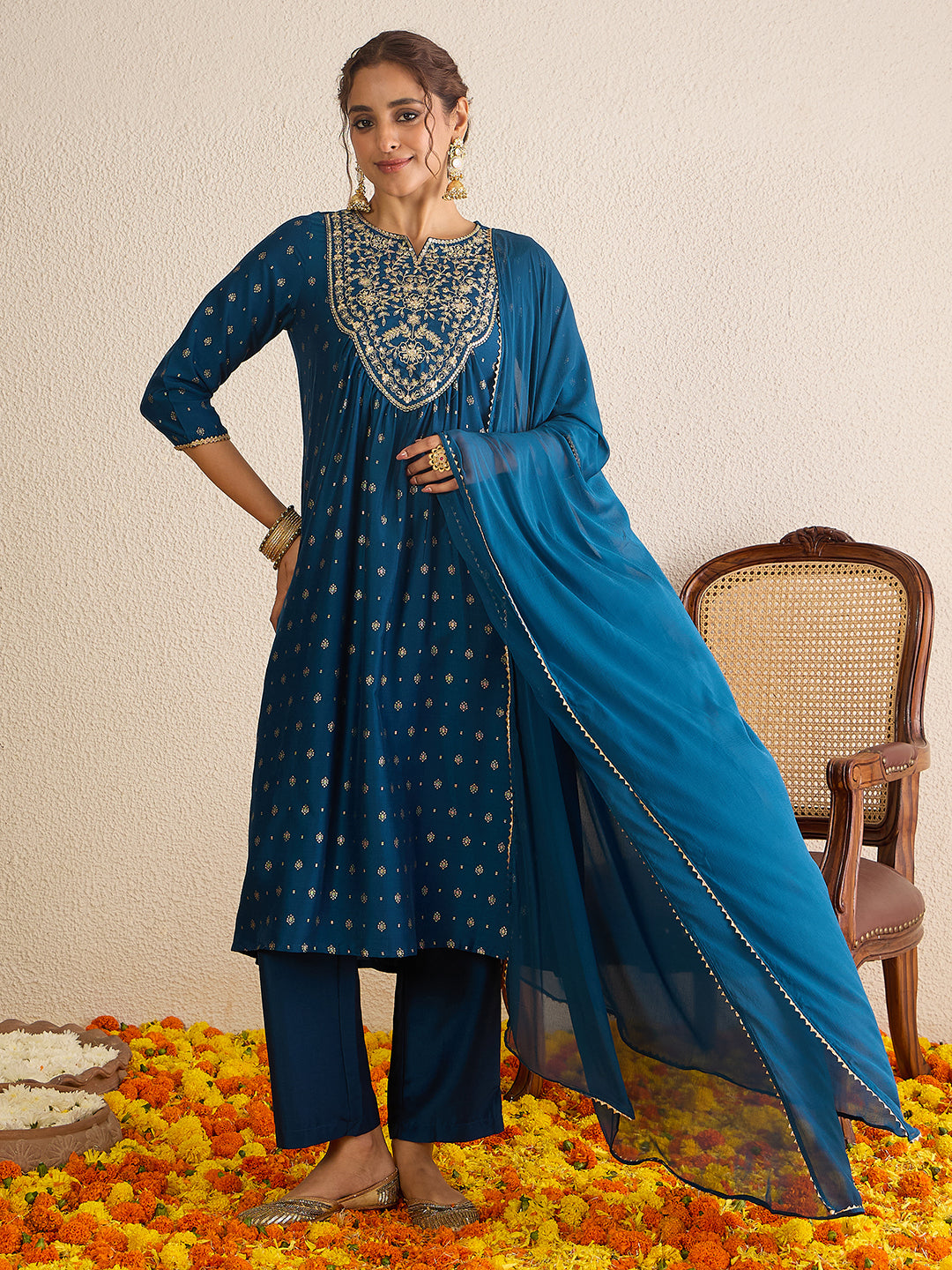 Janasya Women's Teal Blue Silk Blend Yoke Embroidered Gold Printed A-Line Kurta Set with Dupatta