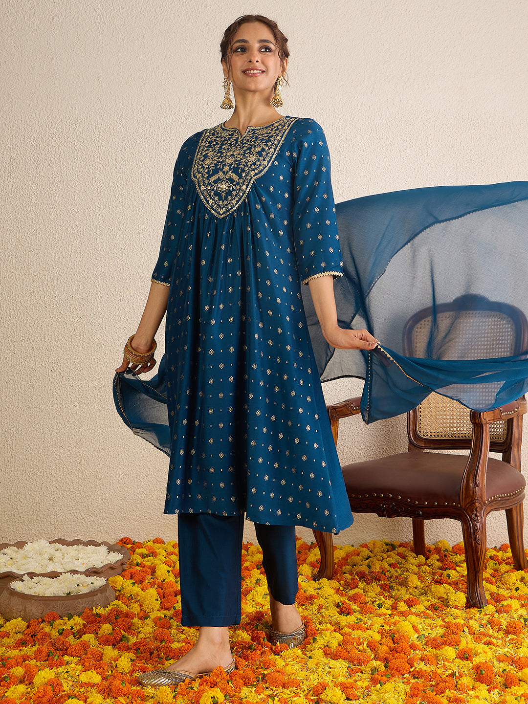 Janasya Women's Teal Blue Silk Blend Yoke Embroidered Gold Printed A-Line Kurta Set with Dupatta