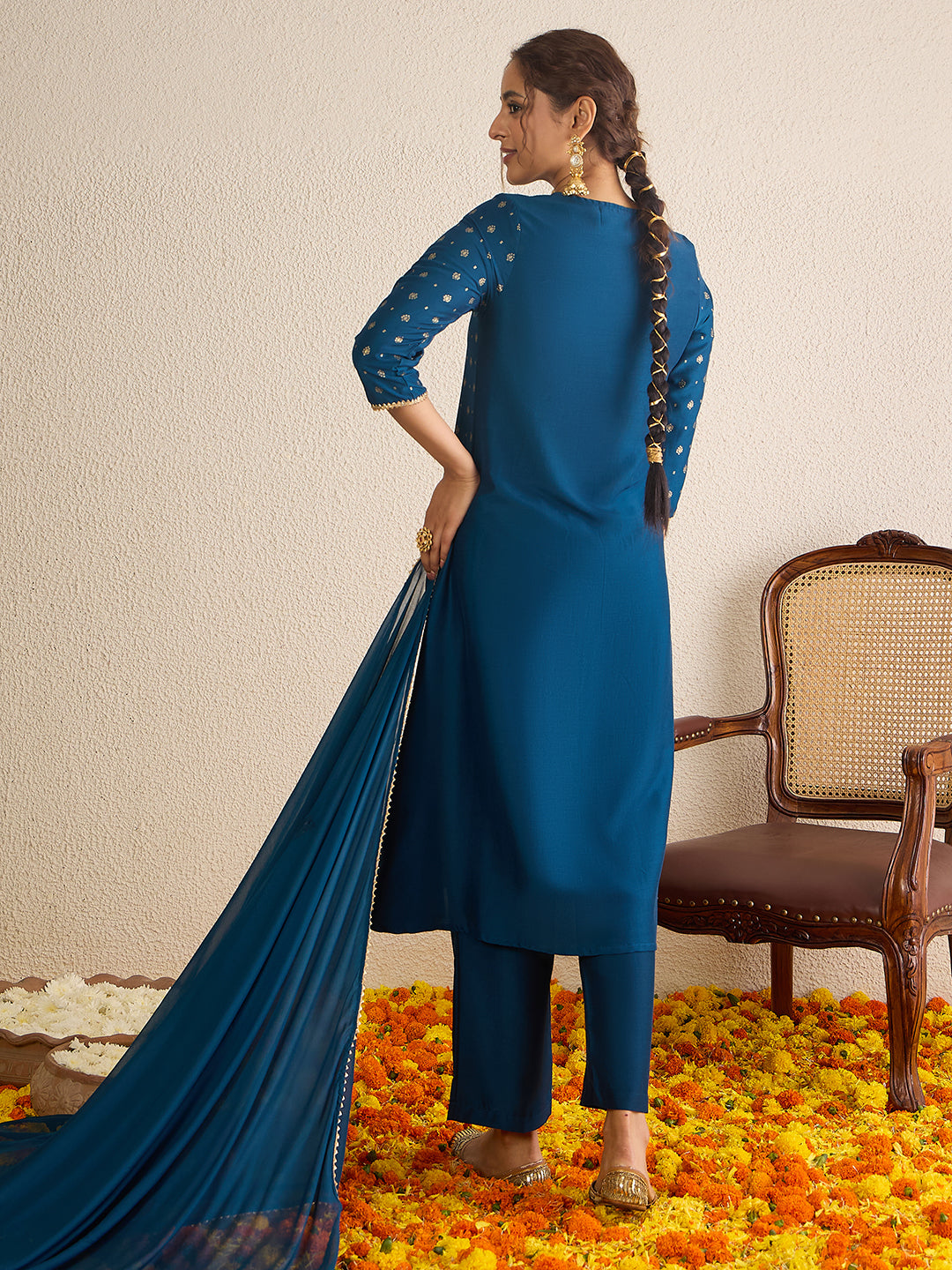Janasya Women's Teal Blue Silk Blend Yoke Embroidered Gold Printed A-Line Kurta Set with Dupatta