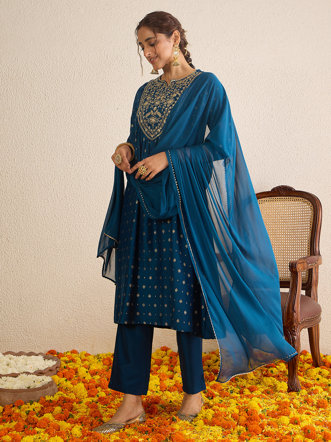 Janasya Women's Teal Blue Silk Blend Yoke Embroidered Gold Printed A-Line Kurta Set with Dupatta