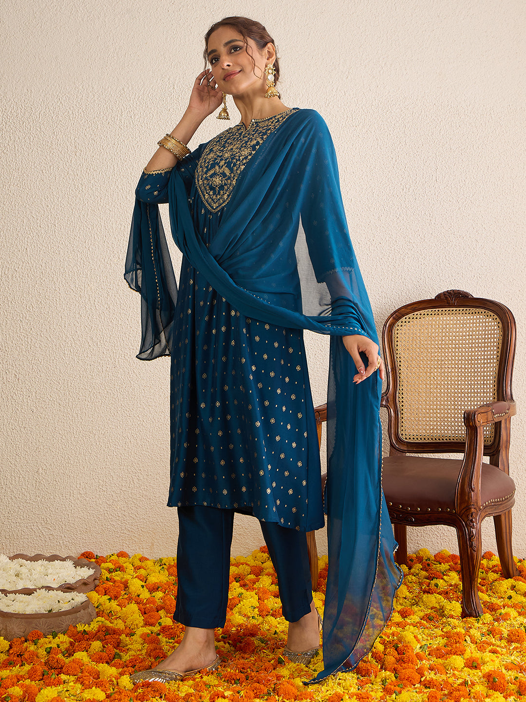 Janasya Women's Teal Blue Silk Blend Yoke Embroidered Gold Printed A-Line Kurta Set with Dupatta