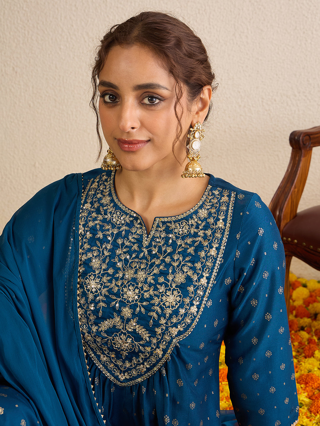 Janasya Women's Teal Blue Silk Blend Yoke Embroidered Gold Printed A-Line Kurta Set with Dupatta