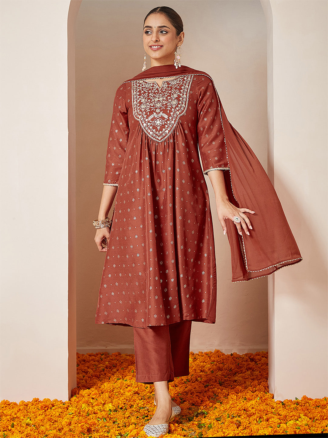 Janasya Women's Rust Silk Blend Zari Yoke Embroidered Gold Printed A-line Kurta Set With Dupatta