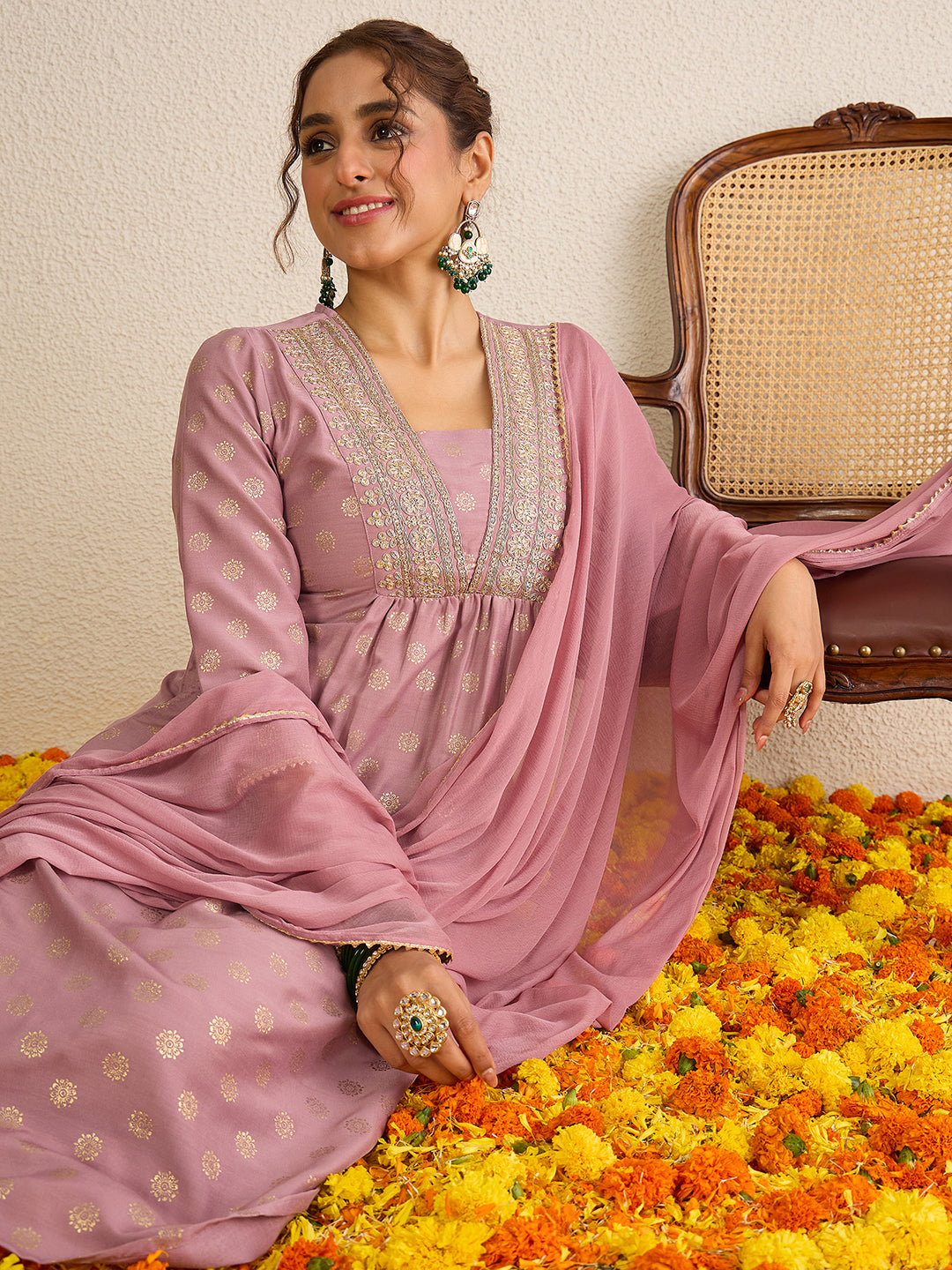 Janasya Women's Lavender Silk Blend Floral Embellished Gold Foil Printed A-Line Kurta Set