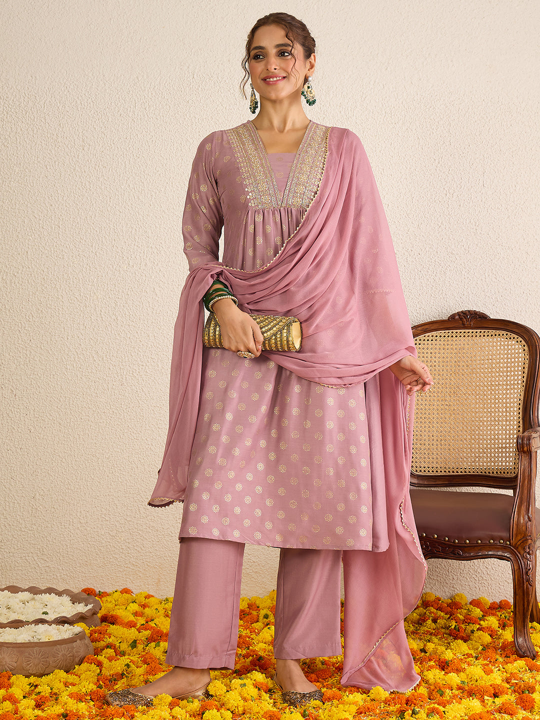 Janasya Women's Lavender Silk Blend Floral Embellished Gold Foil Printed A-Line Kurta Set