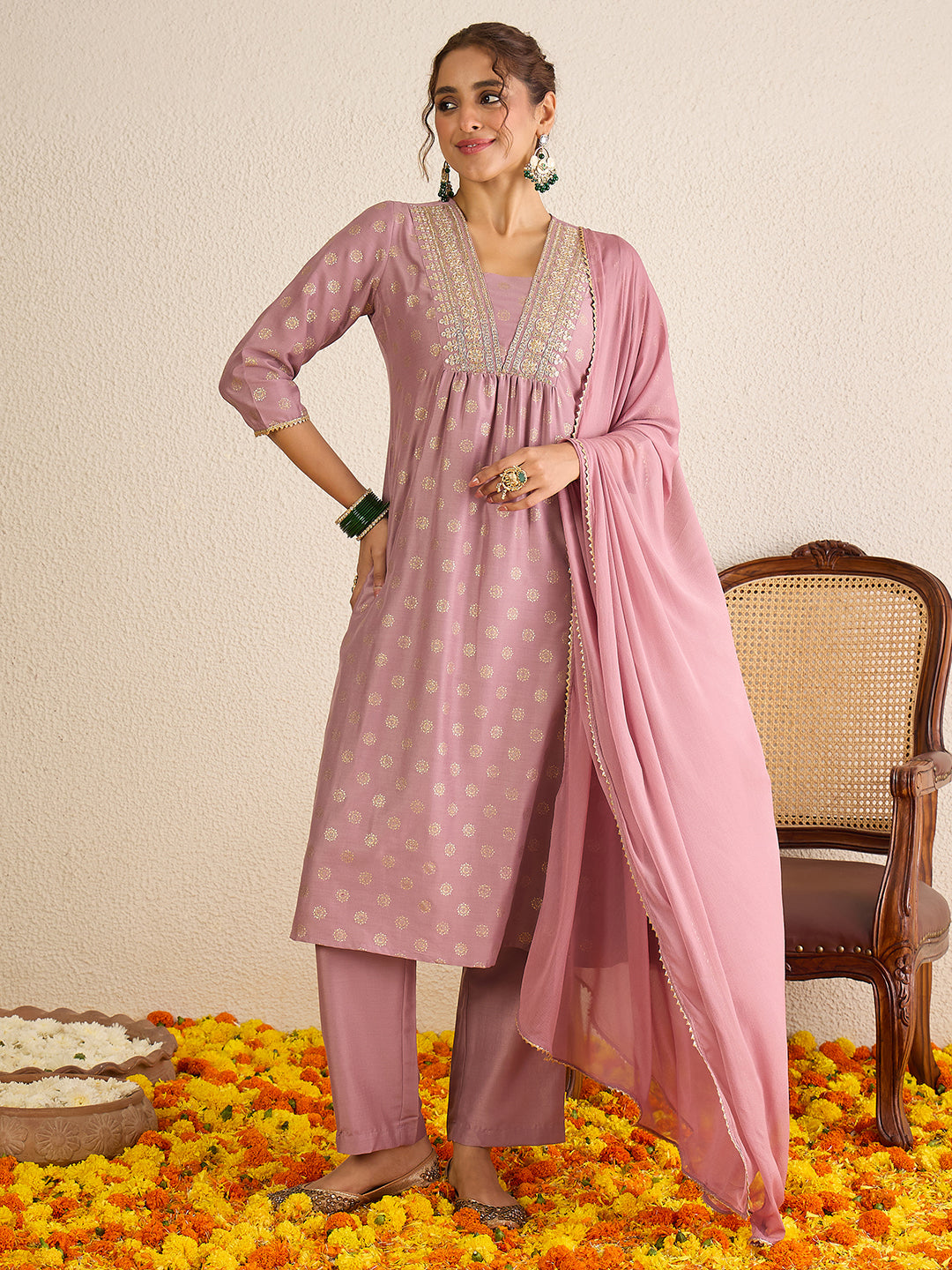 Janasya Women's Lavender Silk Blend Floral Embellished Gold Foil Printed A-Line Kurta Set
