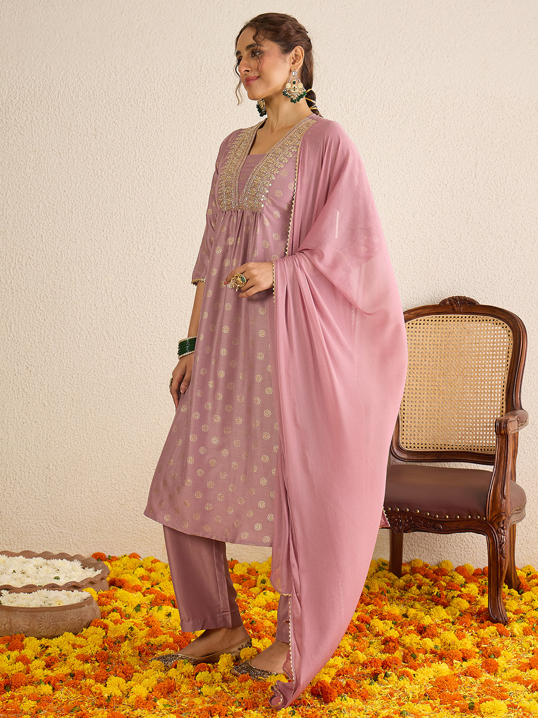 Janasya Women's Lavender Silk Blend Floral Embellished Gold Foil Printed A-Line Kurta Set