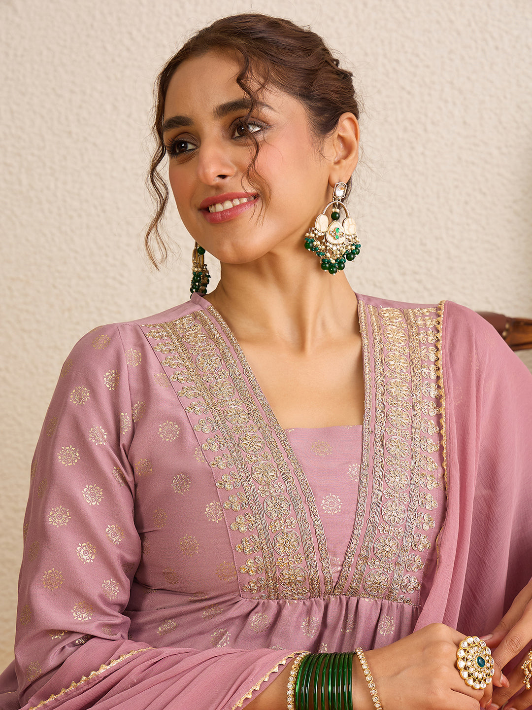Janasya Women's Lavender Silk Blend Floral Embellished Gold Foil Printed A-Line Kurta Set