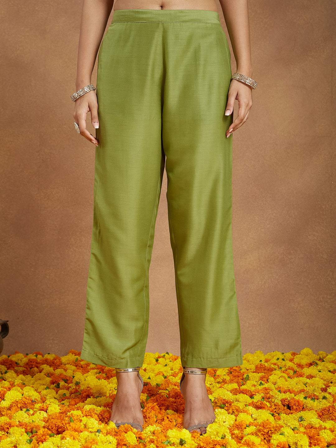 Janasya Women's Lime Green Silk Blend Zari Yoke Embroidered Gold Printed A-line Kurta Set