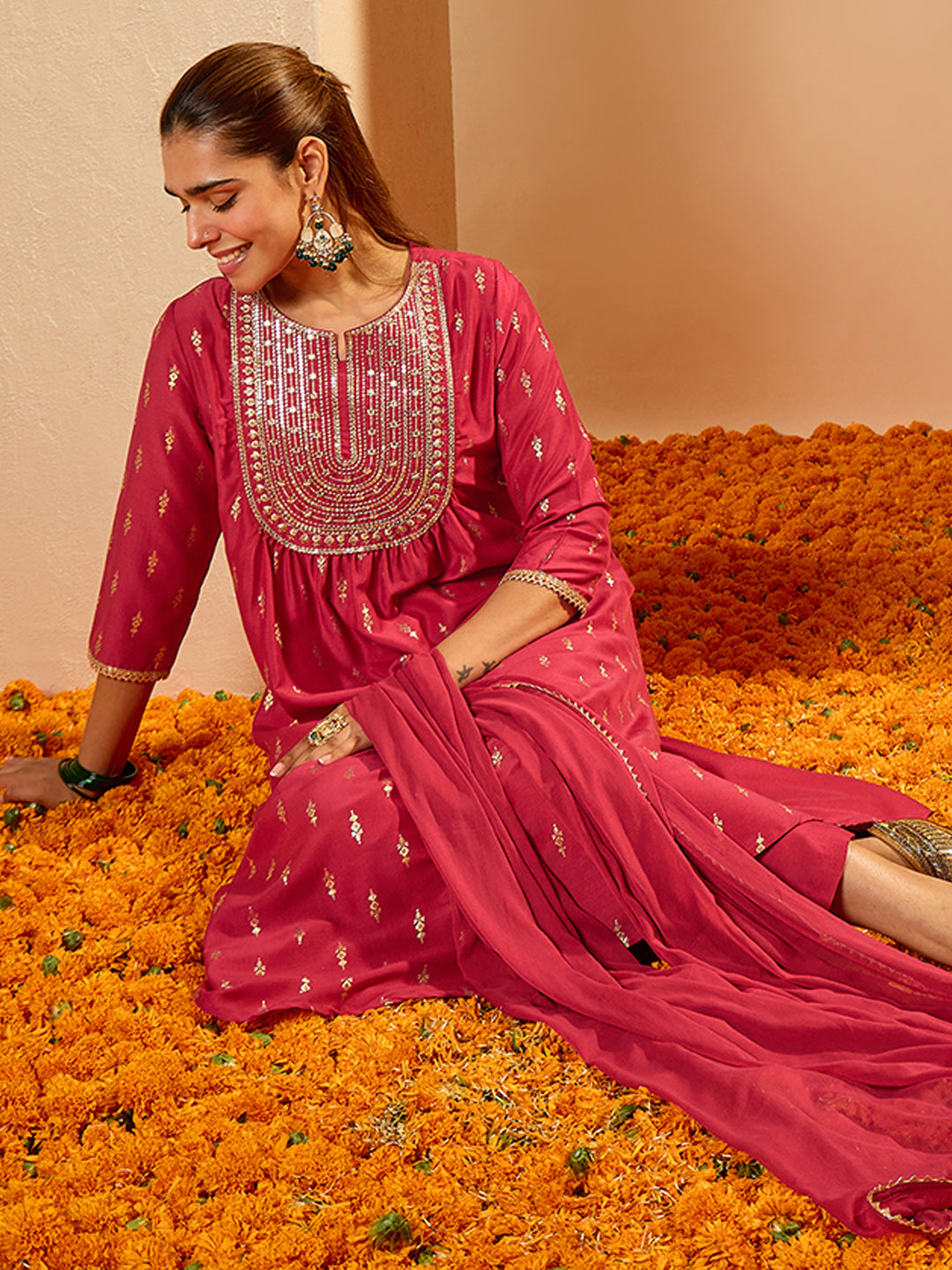 Janasya Women's Pink Silk Blend Floral Zari Yoke Embroidered Gold Foil Printed A-line Kurta Set