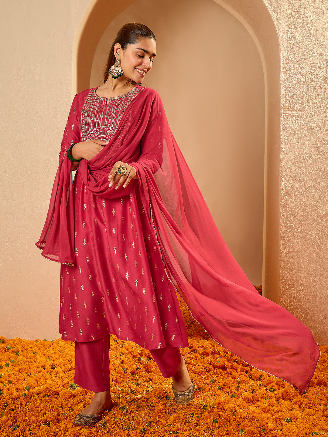 Janasya Women's Pink Silk Blend Floral Zari Yoke Embroidered Gold Foil Printed A-line Kurta Set