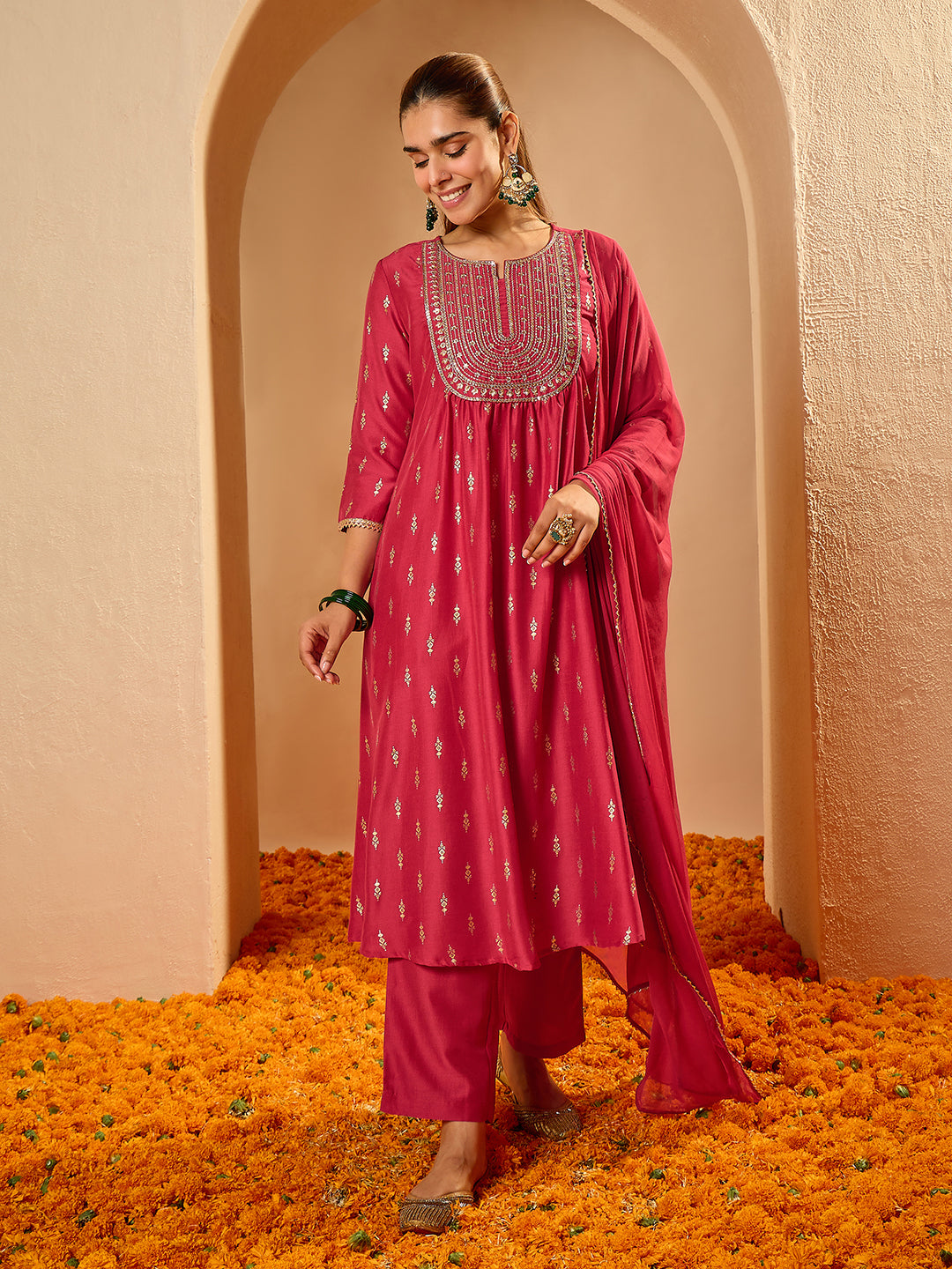Janasya Women's Pink Silk Blend Floral Zari Yoke Embroidered Gold Foil Printed A-line Kurta Set