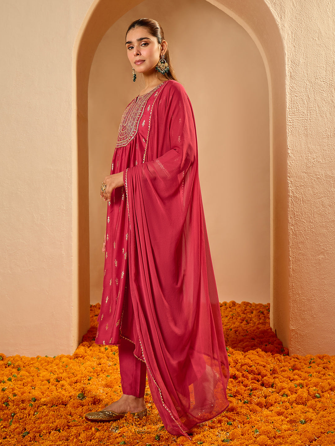 Janasya Women's Pink Silk Blend Floral Zari Yoke Embroidered Gold Foil Printed A-line Kurta Set