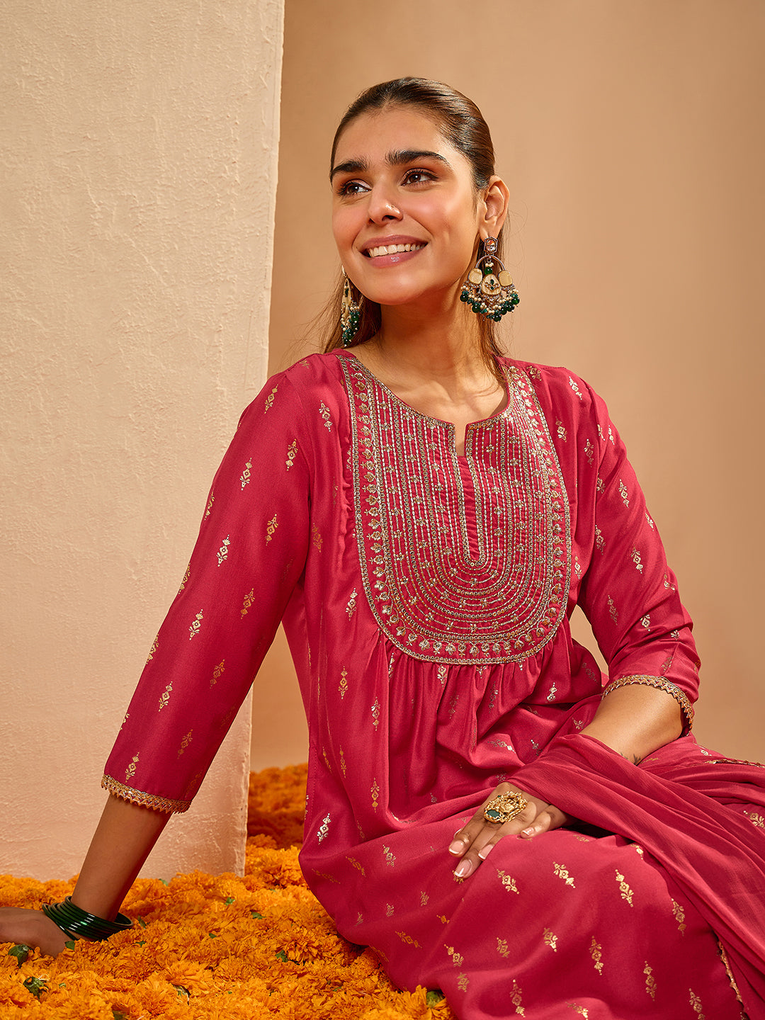 Janasya Women's Pink Silk Blend Floral Zari Yoke Embroidered Gold Foil Printed A-line Kurta Set