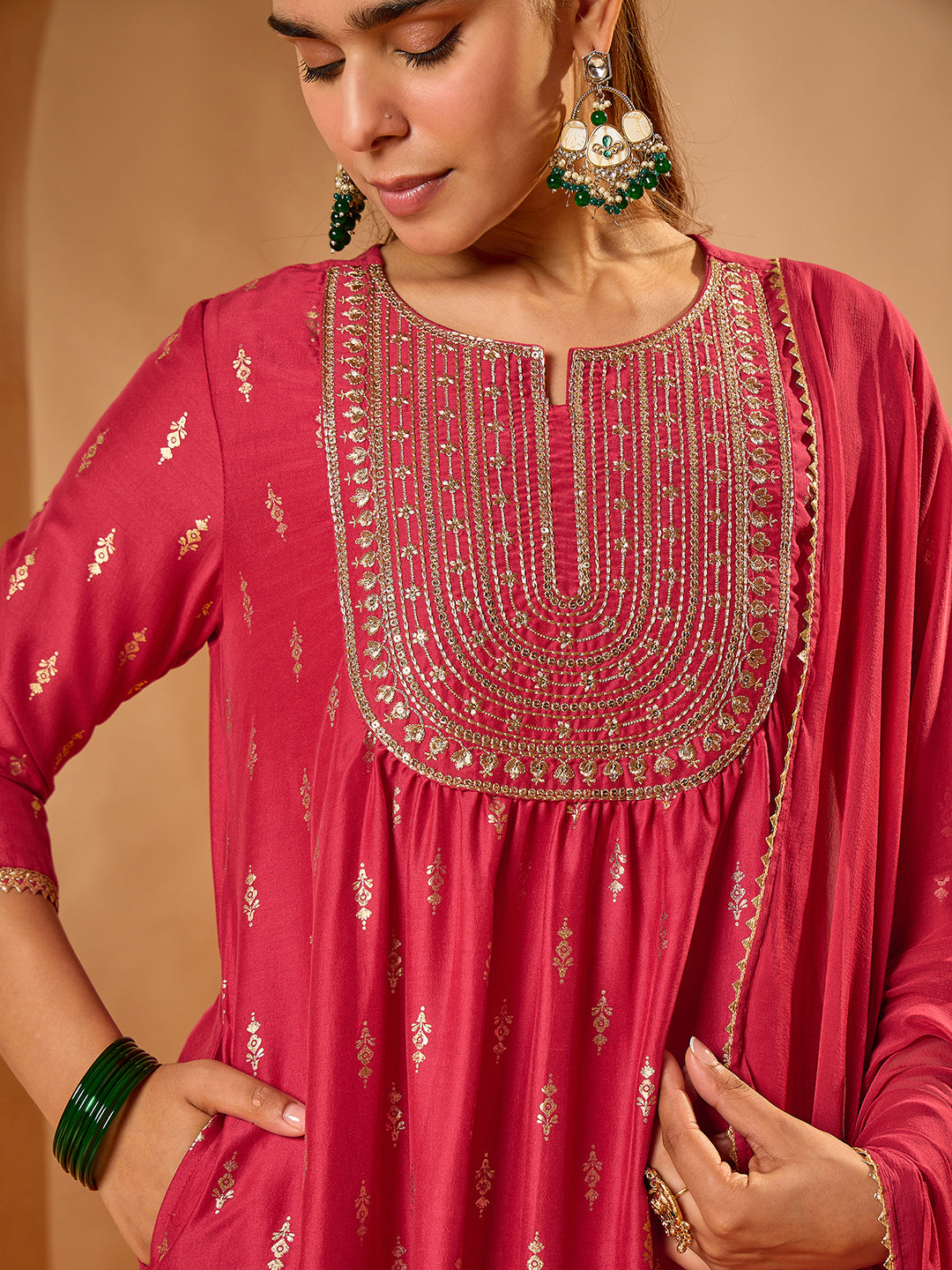 Janasya Women's Pink Silk Blend Floral Zari Yoke Embroidered Gold Foil Printed A-line Kurta Set