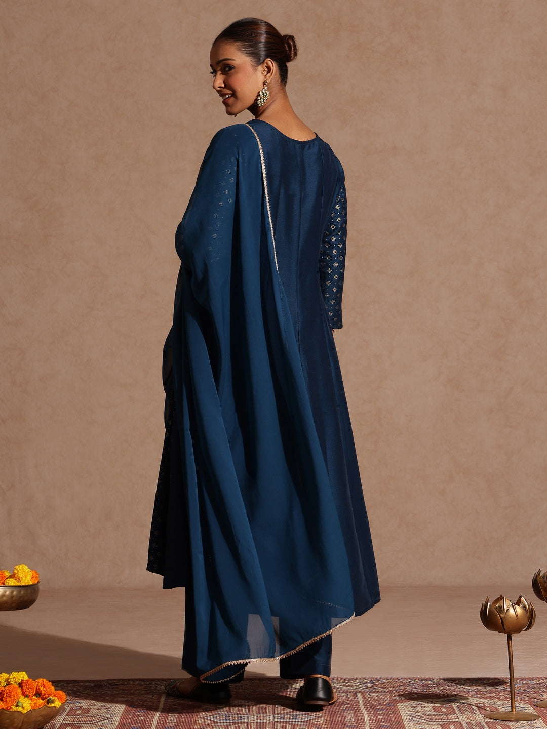 Janasya Women's Teal Blue Silk Blend Zari Embroidered Gold Printed Anarkali Kurta Set