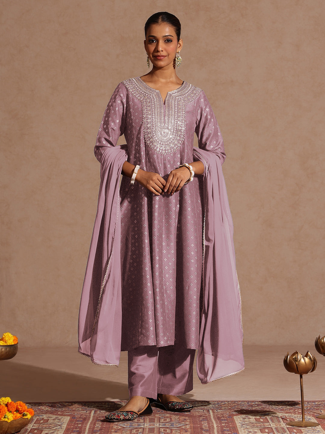 Janasya Women's Lavender Silk Blend Zari Embroidered Gold Printed Anarkali Kurta Set